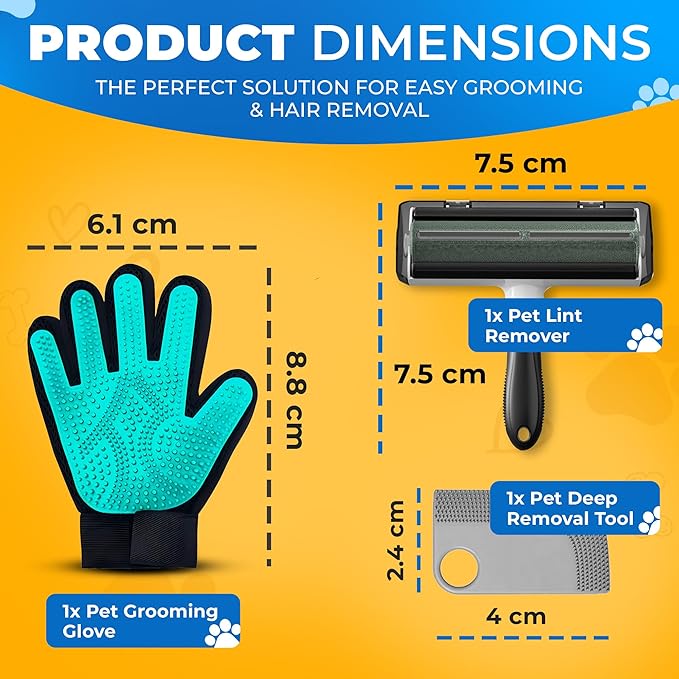 Ultimate Pet Hair Remover Kit – Pet Hair Removal Glove + Lint Roller Brush + Deep-Removal Tool – for Sofa, Furniture & Car Seats – Dog Grooming Gloves for Shedding, Dogs & Cats