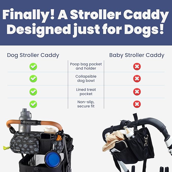 Dog Stroller Caddy Organizer with Poop Bag Dispenser, Treat Pocket, Water Bowl – Dog Stroller Accessories with Insulated Cup Holders, Pet Storage & Non-Slip Fit for 14"-19" Wide Handlebars - Paws
