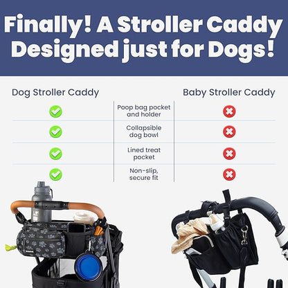 Dog Stroller Caddy Organizer with Poop Bag Dispenser, Treat Pocket, Water Bowl – Dog Stroller Accessories with Insulated Cup Holders, Pet Storage & Non-Slip Fit for 14"-19" Wide Handlebars - Paws