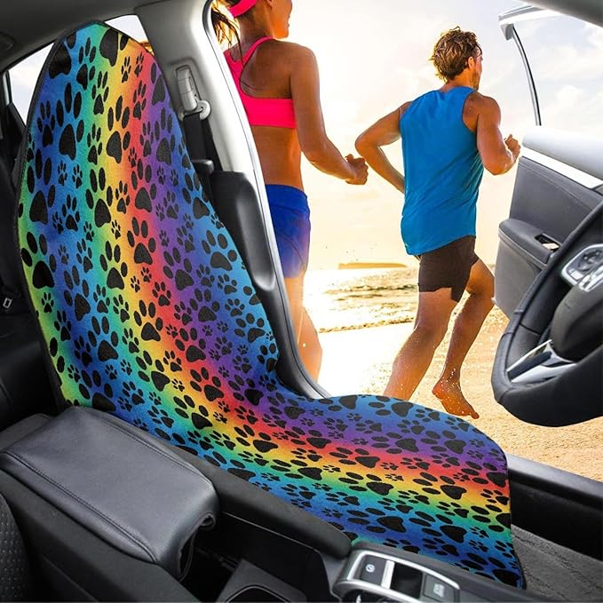 Coldinair Rainbow Dog Paws Print Towel Beach Car Seat Cover Non-Slip Bucket Front Seats Protector,Universal Fit Waterproof and Stain Resistant for Cars,SUVs,Trucks