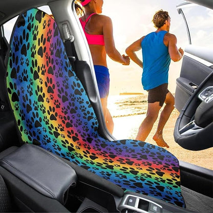 Coldinair Rainbow Dog Paws Print Towel Beach Car Seat Cover Non-Slip Bucket Front Seats Protector,Universal Fit Waterproof and Stain Resistant for Cars,SUVs,Trucks