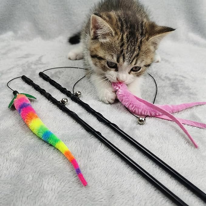 Interactive Cat Wand Toy Set - 4 Pack Entry Level with Bouncy Balls, Worm Teasers & Rainbow Bug Attachments for Indoor Cats & Kittens