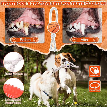 9 Pack Squeak Latex Puppy Dog Toy Ball and Dog Rope Toys Sets Sports Balls Sets Chew Rope Toy Rubber Soccer Volleyball Interactive Funny Doggy Toys with Squeaker for Teething Training