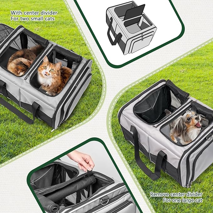 Expandable Cat Carrier for 2 Cats, Double Compartment Large Pet Carrier for Long Distance Car Travel, Includes 2 Portable Litter Boxes, Foldable Multi-Cat Travel for Road Trips & Camping, Gray