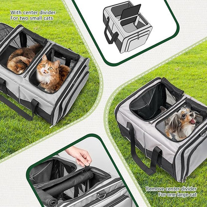 Expandable Cat Carrier for 2 Cats, Double Compartment Large Pet Carrier for Long Distance Car Travel, Includes 2 Portable Litter Boxes, Foldable Multi-Cat Travel for Road Trips & Camping, Gray