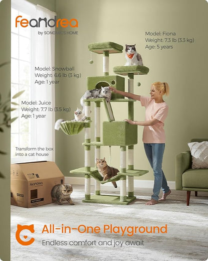 Feandrea Cat Tree, 81.1-Inch Large Cat Tower, Multi-Level Plush Condo with 13 Scratching Posts, 2 Perches, 2 Caves, Basket, Hammock, Pompoms, Green UPCT190C01