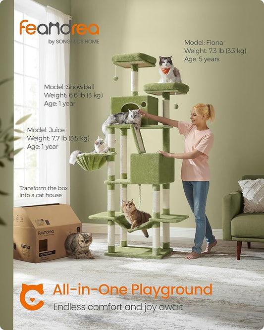 Feandrea Cat Tree, 81.1-Inch Large Cat Tower, Multi-Level Plush Condo with 13 Scratching Posts, 2 Perches, 2 Caves, Basket, Hammock, Pompoms, Green UPCT190C01