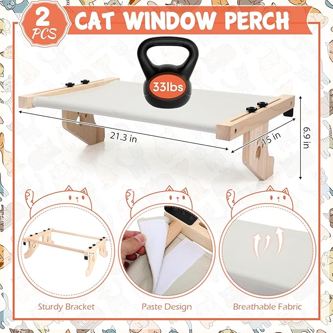 Pinkunn 2 Set Cat Perch for Window Sill Cat Window Hammock Seat for Kittens and Pets Easy to Adjust & Assemble Pet Bed for Windowsill, Bedside, Drawer and Cabinet(Gray)
