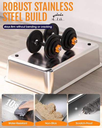Cat Litter Box - Stainless Steel Litter Box with Lid for Kitty, Metal Base Enclosed Cat Box with Litter Scoop, Elevated Step Box, Activated-Carbon Pack, 23.6" x 15.7" x 15", Grey