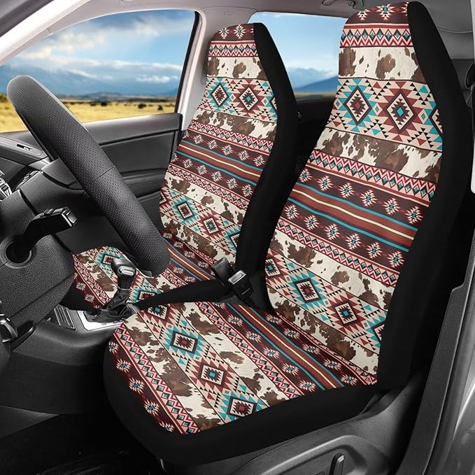 Aztec Cow Print Car Seat Covers Full Set of 2 Waterproof Breathable Car Seat Cover for Front Seats Elastic Fabrics Easy to Install Universal for Auto Truck Van SUV