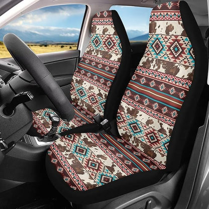 Aztec Cow Print Car Seat Covers Full Set of 2 Waterproof Breathable Car Seat Cover for Front Seats Elastic Fabrics Easy to Install Universal for Auto Truck Van SUV