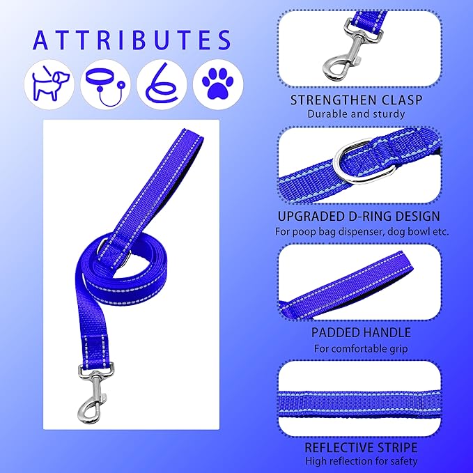 Reflective Dog Collar with Safety Locking Buckle, Adjustable Soft Breathable Nylon Collars for Small, Medium and Large Dogs(Collar+Leash M Navy Blue)
