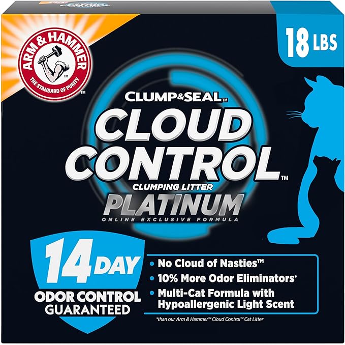 ARM & Hammer Cloud Control Platinum Cat Litter, Hypoallergenic, Dust-Free, Multi-Cat, 14-Day Odor Control, 18 lbs – Dander Shield & Baking Soda