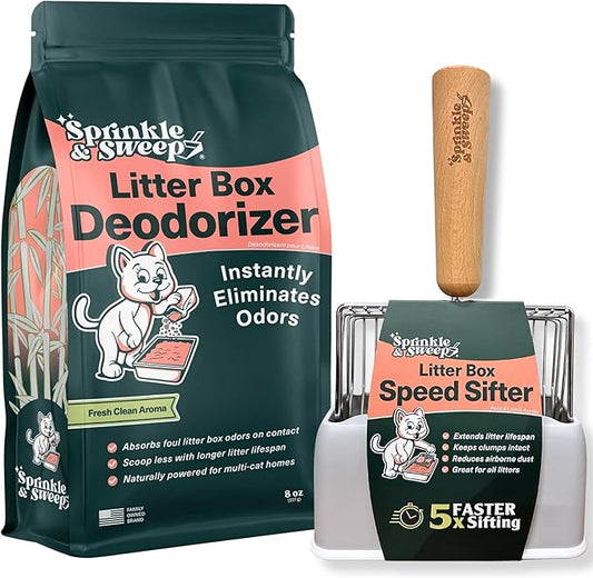 Sprinkle & Sweep: Litter Box Deodorizer Duo - 8oz Bag & Speed Sifter - Cat-Kitten Home Odor Neutralizer, Ultra-Absorbent Formula, Wood Handle Scooper