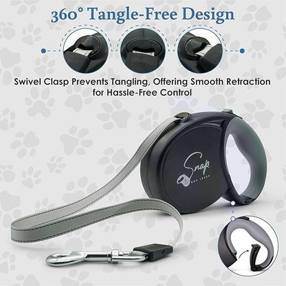 Snap Retractable Dog Leash with Built-in Clip, Hands-Free Connection, Reflective 16-ft Tape, Brake and Lock, Tangle-Free, for Medium and Large Dogs