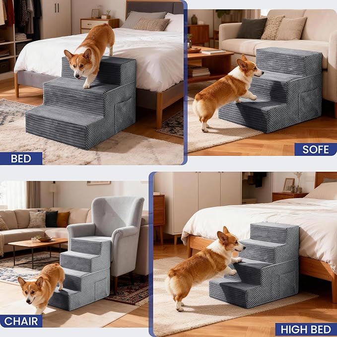 Dog Stairs for Small Dogs, 3-Step Dog Ramp for Bed 13.7" H, Dogs Steps for Bed, Couch, Pet Stairs with Non-Slip Bottom Design,High Density Foam Portable Pet Steps, Grey