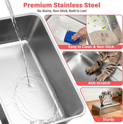 Stainless Steel Cat Litter Box with Lid, 2 Pack XL Metal Litter Box High Sided, Odor-Free/Anti-Urine Leakage & Non-Stick, Extra Large Litter Box with Mat & Scoop for Multiple/Big Cats, Easy Clean