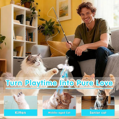 Walfront Cat Toys Interactive Wand, Sky Blue, Realistic Insect Teaser with Telescopic Rod, Cat Feather Wand for Indoor Play, Multi Cat Homes Kittens and Adult Cats, Happy Play and Relaxing Fun