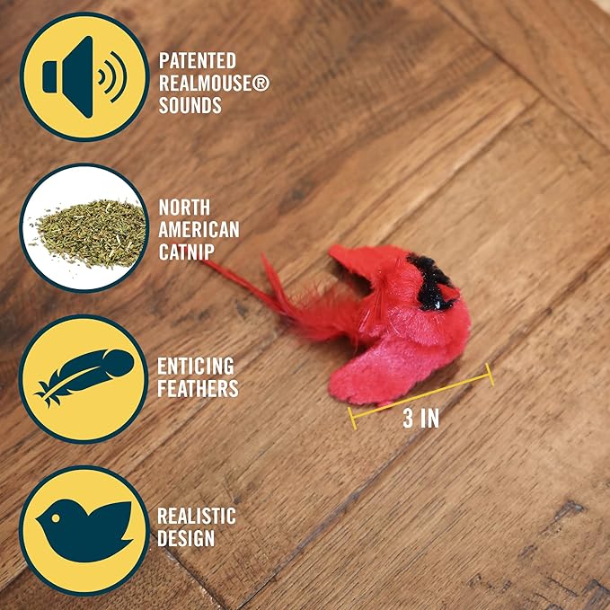 OurPets Play-N-Squeak Real Birds Interactive Cat Toys with Catnip (Cat Toys for Indoor Cats; Catnip Toy for Cats with Bird Chirping Electronic Sound and Feather)