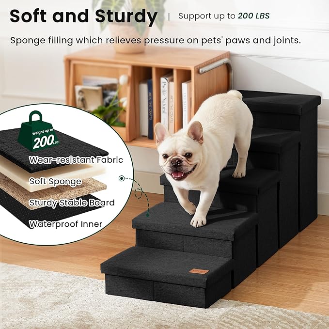 Love's cabin Dog Stairs for High Bed 22" H, Foldable Pet Stairs for Small Medium or Large Dogs Puppy with Storage for Bed or Couch, Cat Dog Steps Ramp with Zip up to 200 lbs, Black, 5 Steps
