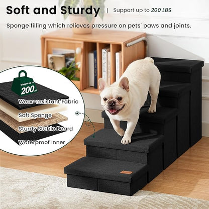 Love's cabin Dog Stairs for High Bed 22" H, Foldable Pet Stairs for Small Medium or Large Dogs Puppy with Storage for Bed or Couch, Cat Dog Steps Ramp with Zip up to 200 lbs, Black, 5 Steps