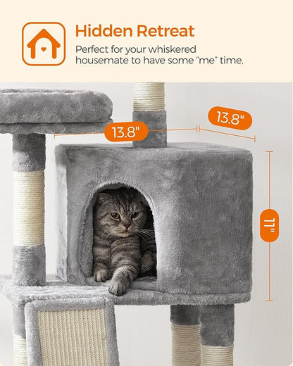 Feandrea Cat Tree, 45.3-Inch Cat Tower, Plush Condo with Scratching Post, Ramp, Perch, Spacious Cave, for Small Space, Light Gray UPCT141W01