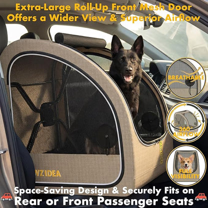 PAWZIDEA Portable Dog Crate for Car, 45% Extra Tall Travel Kennel for Medium & Large Dogs up to 80lbs Sit Upright, Enclosed Soft-Sided Backseat Carrier Collapsible, Secure w/Seatbelt & Headrest Strap