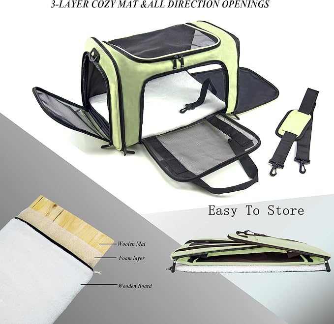 Soft Sided Carrier for Small Medium Cats Dogs,TSA Airline Approved Collapsible Travel Pet Carrier Medium Green