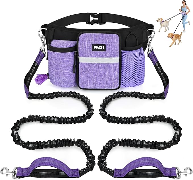 ETACCU Heavy Duty Hands Free Dog Leash with Zipper Pouch for Two Dogs, Waist Belt for Large Medium Dogs for Running, Walking, Jogging and Hiking, Dual Padded Handles and Durable Bungee (2 Dog Purple)