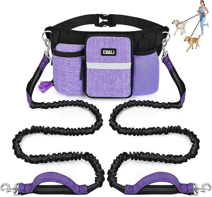 ETACCU Heavy Duty Hands Free Dog Leash with Zipper Pouch for Two Dogs, Waist Belt for Large Medium Dogs for Running, Walking, Jogging and Hiking, Dual Padded Handles and Durable Bungee (2 Dog Purple)