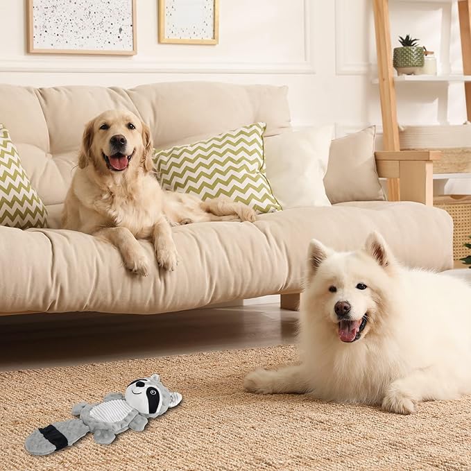 No Stuffing Squeaky Dog Toys Plush Chew Toy for Small Medium Puppy Large Breed, Stuffless Cute Animal Plush Toy for Indoor Play, Tough Durable Teething Interactive Gift, Raccoon,Gray