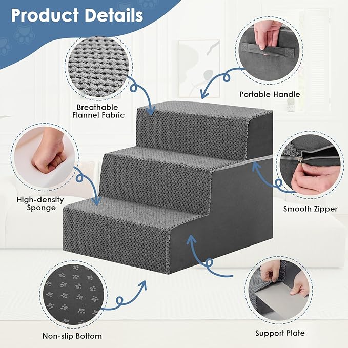 DUMOS Dog Stairs for Small Dogs, 3-Steps Non-Slip Balanced Indoor Foldable Dog Steps with Density Foam & Washable Cover, Cat Puppy Old Pet Stairs for High Bed, Couch, Sofa - Grey, 18" H