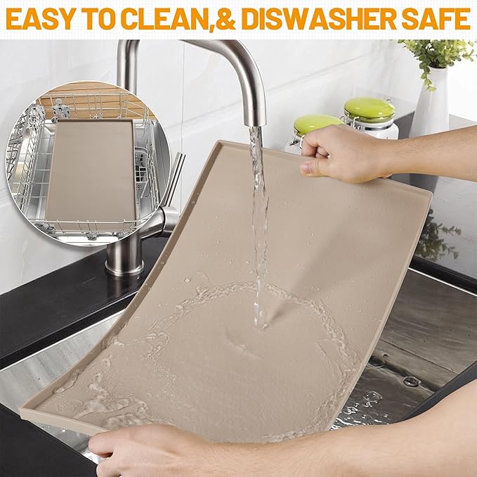 Hubulk Dog Feeding Mat,100% Waterproof Food Grade Silicone Pet Food and Water Bowl Placemat,Dishwasher, High Raised Edge to Prevent Spills,Nonslip Tray to Stop Messes on Floor（28"x18"x0.8", Taupe）