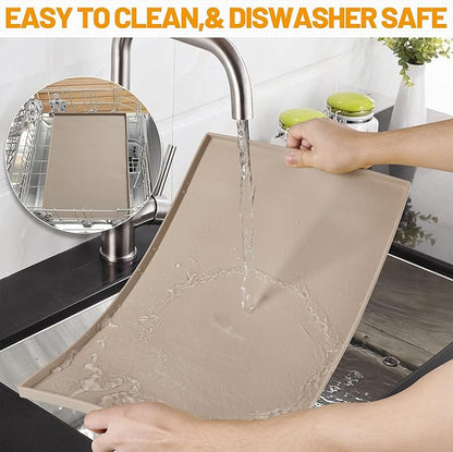 Hubulk Dog Feeding Mat,100% Waterproof Food Grade Silicone Pet Food and Water Bowl Placemat,Dishwasher, High Raised Edge to Prevent Spills,Nonslip Tray to Stop Messes on Floor（24"x16"x0.5", Taupe）