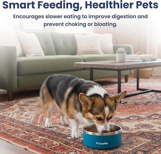 PawsPik 64oz 18/8 Stainless Steel Slow Feeder Dog Bowl, Double-Wall Non-Slip Metal Dog Bowl for Fast Eating Medium & Large Breeds, Detachable Slow Feeder Insert, Dishwasher Safe (Midnight Summit Blue)