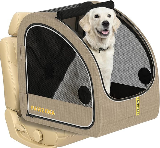 PAWZIDEA Portable Dog Crate for Car, 45% Extra Tall Travel Kennel for Medium & Large Dogs up to 80lbs Sit Upright, Enclosed Soft-Sided Backseat Carrier Collapsible, Secure w/Seatbelt & Headrest Strap