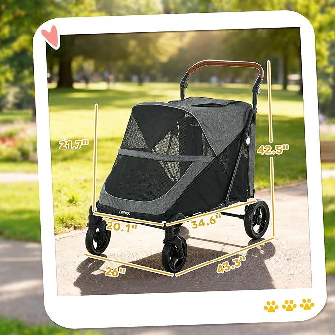 PawHut Dog Stroller for Large Dogs, One-Click Folding 4 Wheel Large Pet Stroller Wagon for Multiple Pets, All Terrain Spring Suspension w/ 8-Position Adjustable Handle, Mesh Window, Up to 66 LBS, Gray