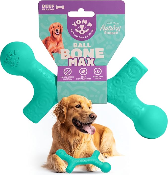 Yomp BallBone MAX: All-Natural Rubber Dog Toy, Nontoxic, Safe for Pet Play, Teal Color, Dishwasher and Freezer Safe for Teething Relief and Easy Clean up
