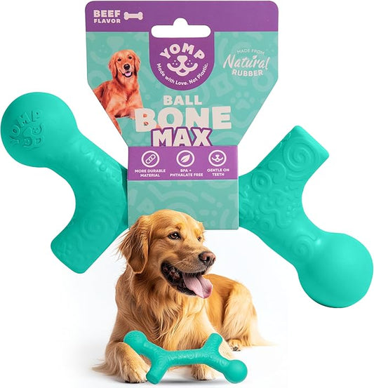 Yomp BallBone MAX: All-Natural Rubber Dog Toy, Nontoxic, Safe for Pet Play, Teal Color, Dishwasher and Freezer Safe for Teething Relief and Easy Clean up