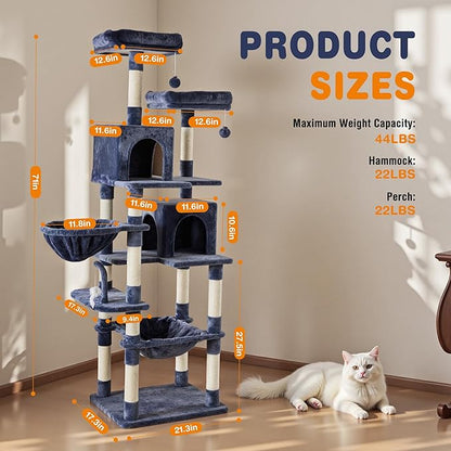 DUMOS Tall 71 inch Cat Tree Tower, Large Multi Level Cat Climbing Tower with Condo, Natural Sisal Scratching Posts, Platform, Hammock, Basket, Pet Tree House for Indoor Cats Play, Dark Grey