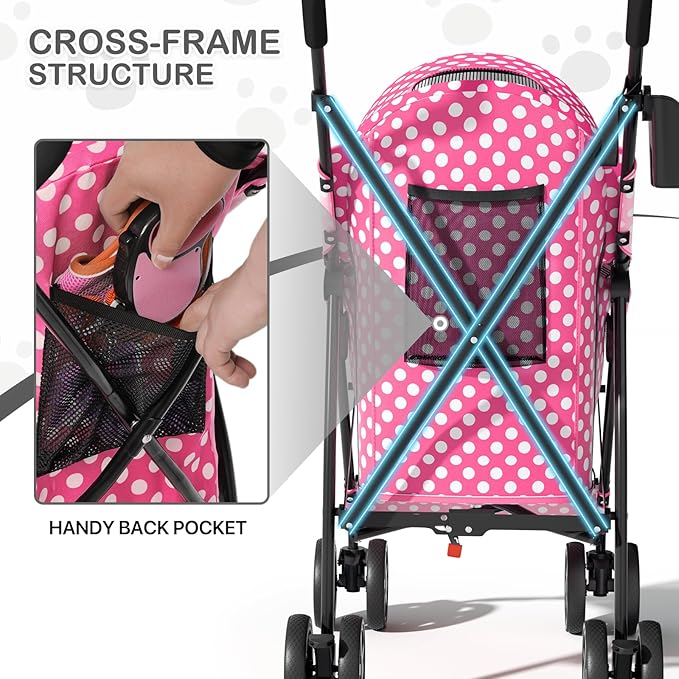 MoNiBloom 4 Wheels Pet Stroller, Easy-Fold Umbrella Shaped Dog Cat Jogger Stroller w/Storage Bag & Visible Mesh for Small/Medium Dogs Cats Hot Pink Polka Dots