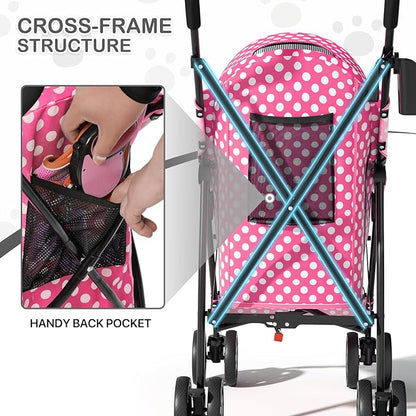 MoNiBloom 4 Wheels Pet Stroller, Easy-Fold Umbrella Shaped Dog Cat Jogger Stroller w/Storage Bag & Visible Mesh for Small/Medium Dogs Cats Hot Pink Polka Dots