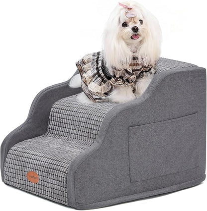 15.7”H Ramp Dog Stairs for Small Dogs, Side Armrest 3 Tier Wider Curved Pet Stairs for Couch and Beds，High-Density Foam Indoor Dog Steps with Non-Slip Bottom and Washable Cover for Old Cats