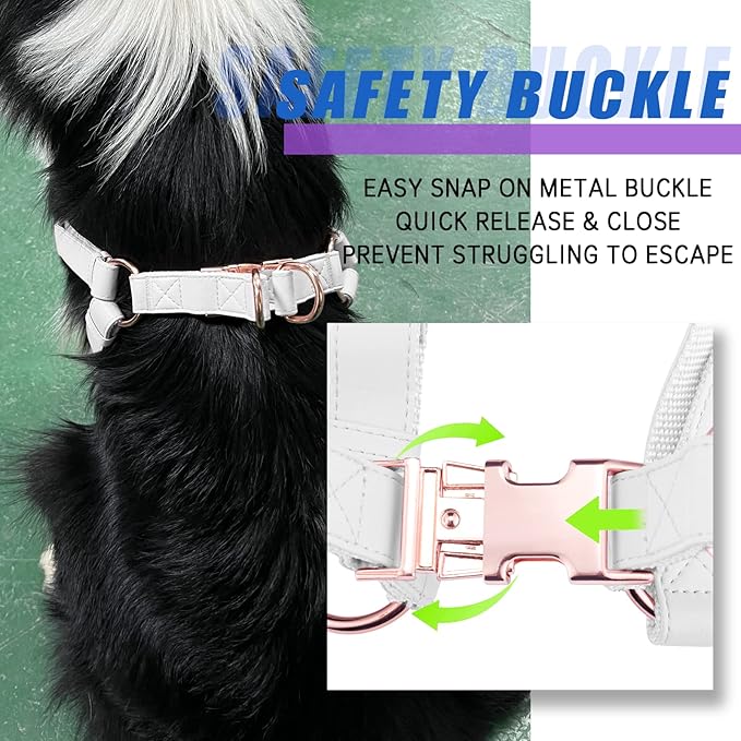 Soft Leather No Pull Dog Harness - Adjustable Step in Dog Harness with Rose Gold Heavy Duty Metal Buckle, Freedom Nylon Dog Halter Vests for Small Medium Large Dogs Easy Walking Training (White,L)