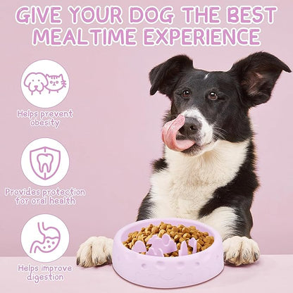 Slow Feeder Dog Bowls, Silicone Large Dog Plates for Food with Non-Slip, Cats Eating Dogs Bowl with Spiral Maze Design, Dogs Food Slow Feeder Bowl Dishes for Indoor and Outdoor (Purple)