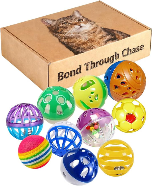 10 Pack Cat Toys Balls for Indoor Kitten with Bell and Colorful Beads, Soft Sponge PP Material, Interactive Chase Toys for Cats and Kittens (1.5'' - 2.1'')