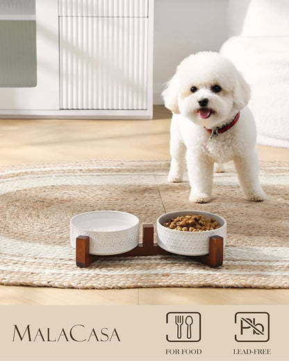 MALACASA Dog Bowl Set with Walnut Wood Stand, 1.5 Cups Ceramic Pet Bowls for Puppy Dogs, Dual Food and Water Bowls with Non-Slip Base, Basic Bowls for Your Dog or Cat, Five-Leaf Grass & Honeycomb