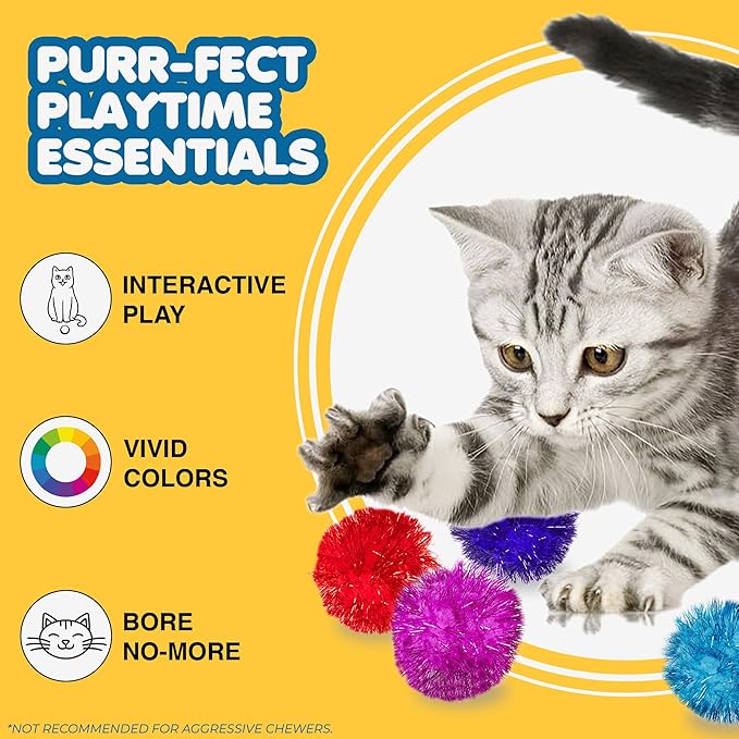 SunGrow Cat Pom Pom Balls, 20 Multi-Colored Shiny Enrichment Tinsel Pom Poms, 1” Tight Woven Yarn, Fuzzy Flash Balls for Indoor Kitten, Assorted Soft Glitter Orbs for Feline's Body and Brain Workout