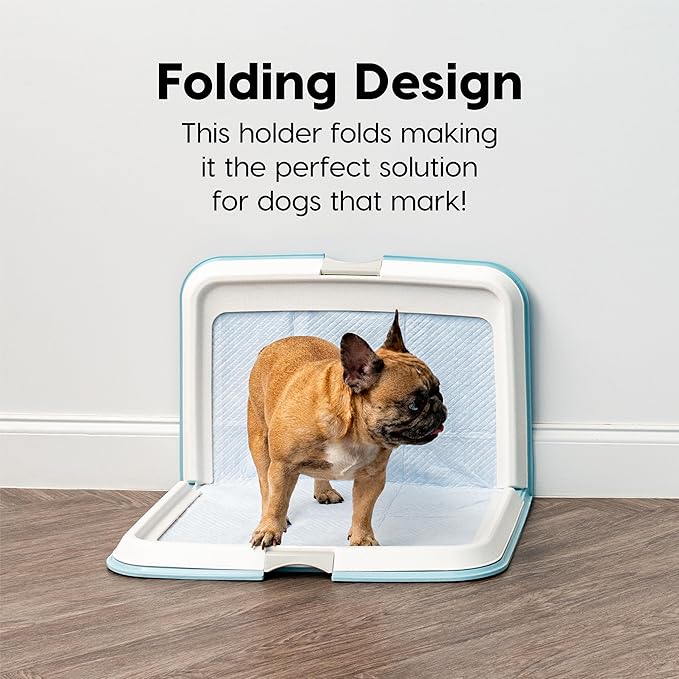 IRIS USA Pee Pad Holder - for Large Sized Dog and Puppy Pee Pads, Secured Latches, Non-Skid Feet, High Polish Finish for Easy Cleaning, Leak Protection, Fits 28"x34" Pad or Larger, Square, Blue