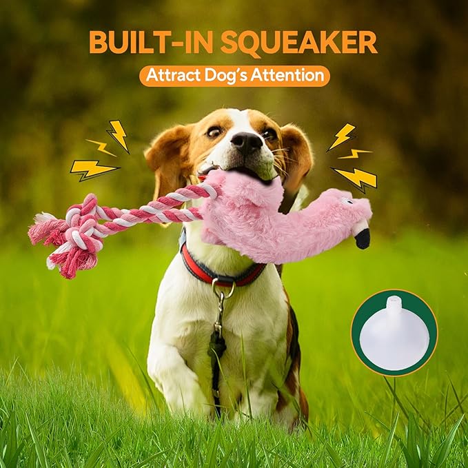 AUSCAT Plush Dog Rope Toy, Durable Squeaky Dog Toys for Puppy Small Medium Dogs, Not for Aggressive Chewers, Flamingo
